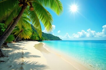 Fototapeta premium Sun-drenched beach; lush palms, crystal clear water, island paradise, vacation, summer