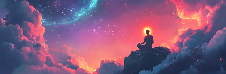 A person meditating on top of the world, with an ethereal sky above and stars twinkling in the background
