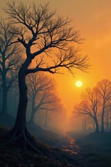 Fototapeta premium Twisted, leafless branches against an orange and grey, misty sky , autumn, landscape