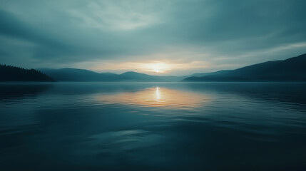 Fototapeta premium serene lake at sunset, reflecting soft hues of orange and blue, surrounded by mountains and cloudy sky. calm water creates peaceful atmosphere
