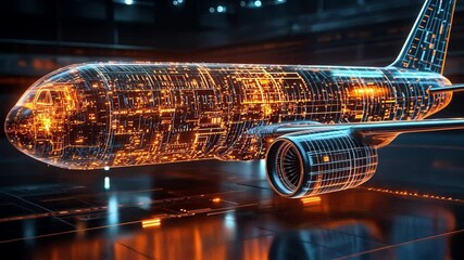 Illuminated Airframe: A striking depiction of a passenger aircraft overlaid with a network of intricate circuitry, showcasing the complex technology