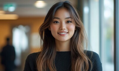 Obraz premium Wellbeing and Positivity Young Asian woman smiling to camera, Generative AI