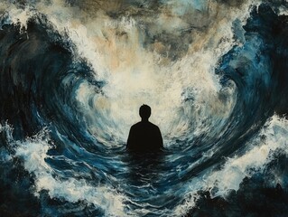 Obraz premium Silhouette in turbulent ocean; powerful waves.