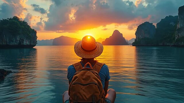 Sunset Serenity: A lone traveler, wearing a sunhat and backpack, sits facing a breathtaking sunset over a tranquil bay.