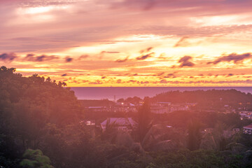 Morning nature background on a high mountain overlooking the sky above the sea with bright colors according to the time of the changing sun rising, surrounded by beautiful trees of various sizes.