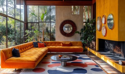 Mid-Century Modern Interior living room. Bold geometric patterns and vibrant hues define the space, a chrome fireplace and plush velvet sofa for a, Generative AI