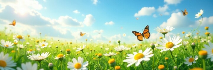 Daisy field, butterflies fluttering, bright sky, bright, yellow, image
