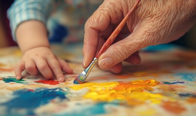Tiny fingers trace weathered lines on a grandparent's hand, bridging the gap between ages through shared laughter and a colorful paintbrush, Generative AI