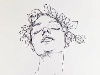 Fototapeta premium Line drawing, serene face, floral crown, elegant, detailed.