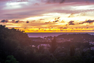 Morning nature background on a high mountain overlooking the sky above the sea with bright colors according to the time of the changing sun rising, surrounded by beautiful trees of various sizes.
