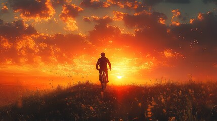 Fototapeta premium Silhouette of a cyclist on a hilltop, framed by a dramatic sunset 
