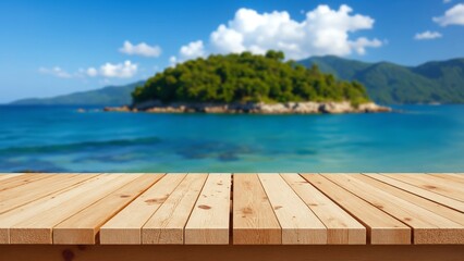 Fototapeta premium Wooden table on the background of the sea, island and the blue sky