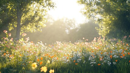 Fototapeta premium Vibrant Field of Colorful Flowers Stretching towards a Clear Blue Sky with Lush Green Trees in the Background Creating a Peaceful and Picturesque Natural Landscape Full of Life