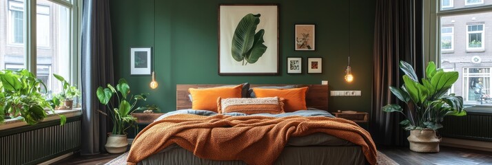 Stylish Bedroom Decor With Green Walls and Orange Accents