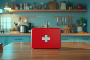 Red first aid kit on wooden table in cozy kitchen setting