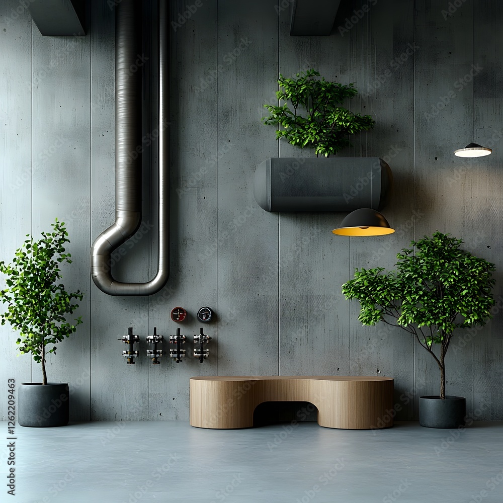 Poster architectural study of an intricate web of subterranean metallic pipework and conduits with exposed 