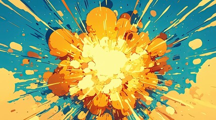 Yellow explosion graphic, digital use, against blue backdrop, art-style