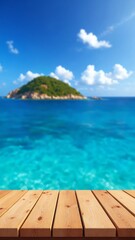 Fototapeta premium Wooden table on the background of the sea, island and the blue sky