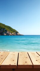 Fototapeta premium Wooden table on the background of the sea, island and the blue sky