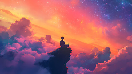 Fototapeta premium A person meditating on top of the world, with an ethereal sky above and stars twinkling in the background 