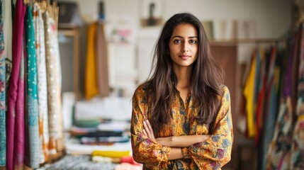 Obraz premium A young Indian female fashion designer poses confidently in her vibrant studio, surrounded by colorful textiles and materials, showcasing her artistic flair.
