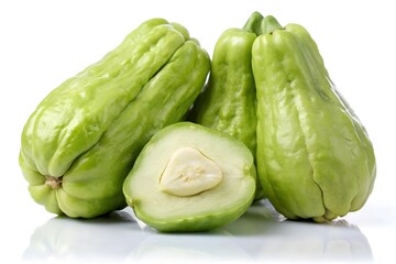 Fresh Chayote Whole and Sliced on a White Background