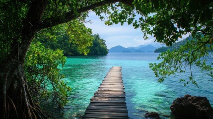 Naklejka premium Wooden boardwalk extending over crystal-clear turquoise water in a tropical lagoon. Lush greenery and limestone cliffs frame the serene paradise. Generative AI.