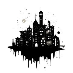 Obraz premium Black Silhouette of Illustrated Urban Cityscape at Night with Dramatic Architectural Structures