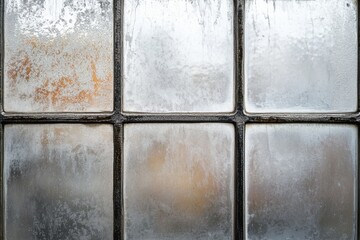 Old window with frost and textured glass is shown