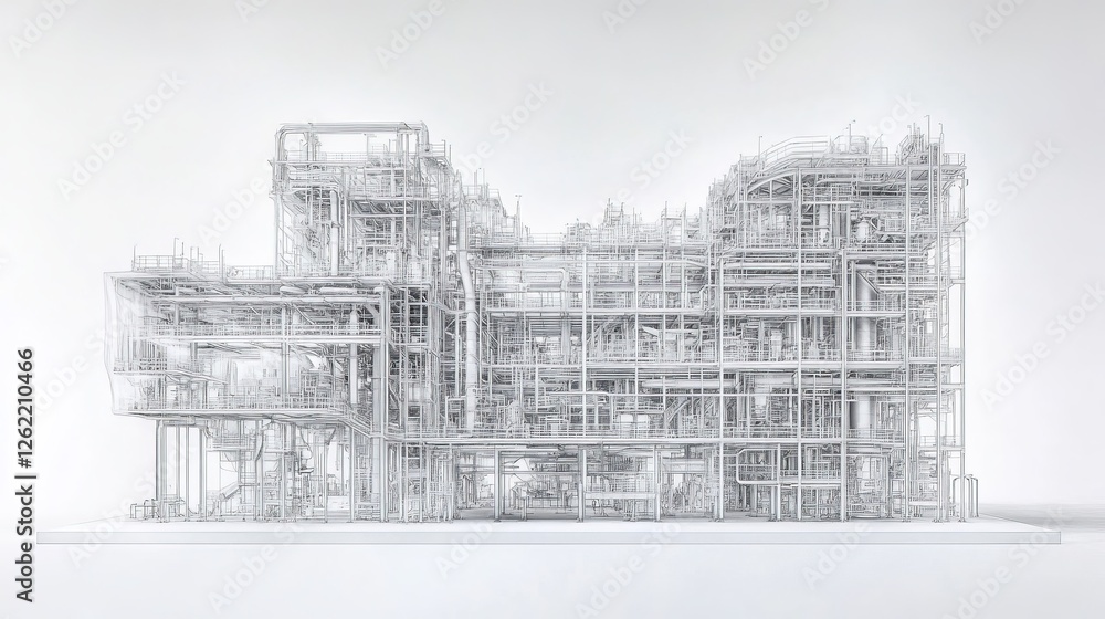 Poster detailed architectural wireframe model of a complex building structure, featuring skeletal framework