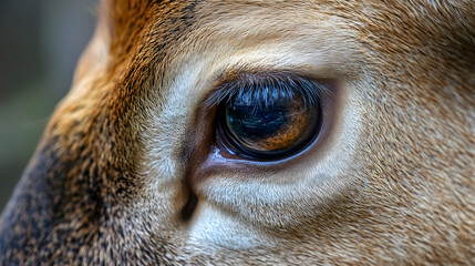 Close up of deer eye showcasing intricate details and reflections. image captures beauty of nature and animal serene expression