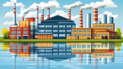 Vibrant industrial facility with water reflections, modern factory design, and bright blue sky surrounded by greenery, portraying sustainable manufacturing and urban development