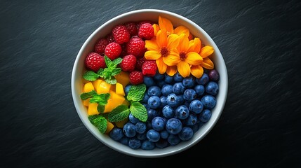 Vibrant Bowl of Mixed Fresh Fruits Surrounded by Colorful Blossoms Set Against a Sleek Black Surface Creating a Striking Contrast and Evoking a Sense of Freshness and Natural Beauty