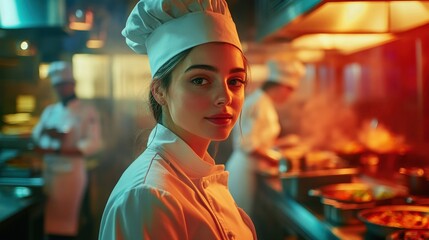 A young female chef stands confidently in a vibrant restaurant kitchen, showcasing her culinary passion and professionalism amid the bustling atmosphere of cooking and creativity.