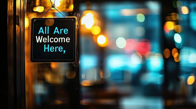 Welcome sign at the entrance of an office space promoting inclusivity. Blurred background with warm lighting creates a friendly atmosphere. Generative AI.