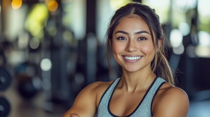 A vibrant portrait of a young Latina fitness instructor smiling confidently in a gym environment, embodying health, positivity, and motivation in her athletic wear.
