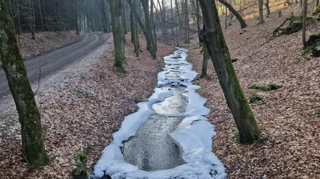 wading through a watercourse on a dirt road in a wooded valley. Ice and snow make the road less passable