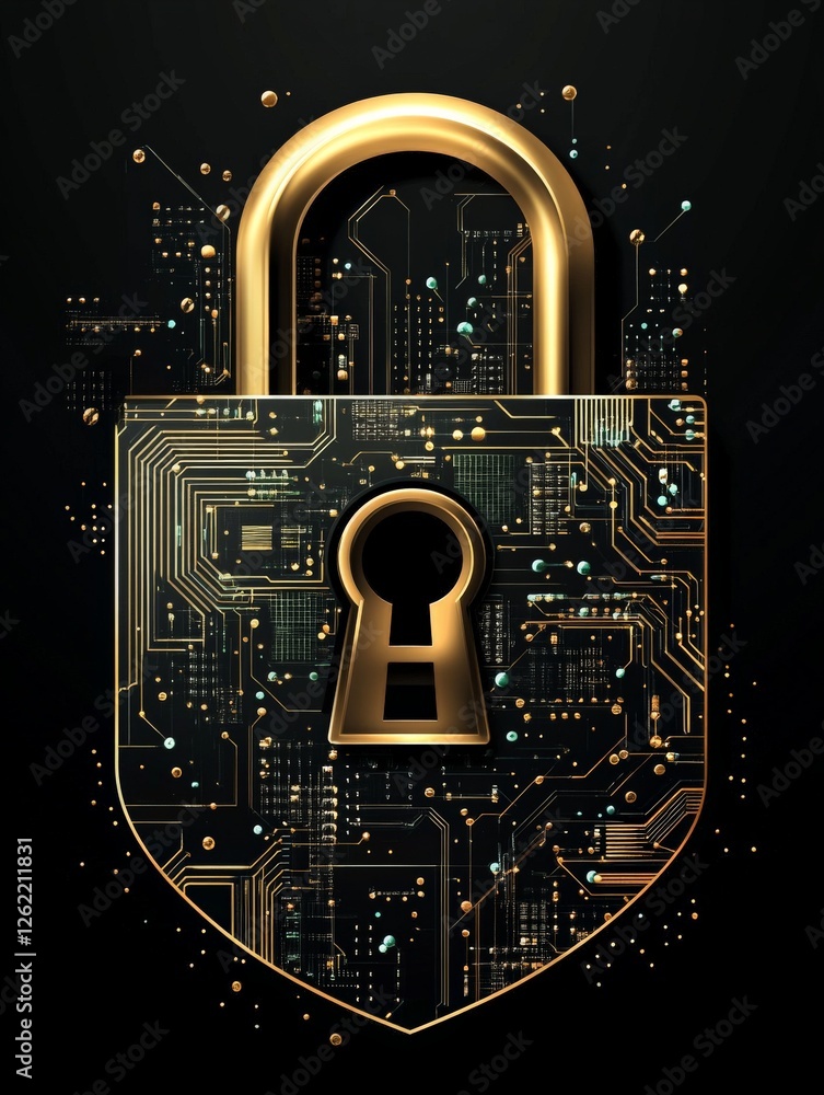 Poster high tech golden padlock with intricate circuit patterns on a black background, symbolizing cybersec