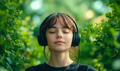 Person with eyes closed, music streaming through headphones, surrounded by green natural landscapes, power of music as a form of escape and, Generative AI
