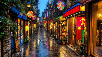 Fototapeta premium A captivating, rain-soaked street in Japan, vibrant with glowing shopfronts, traditional lanterns, and the warm hues of night. Explore the enchanting atmosphere of this bustling alleyway.
