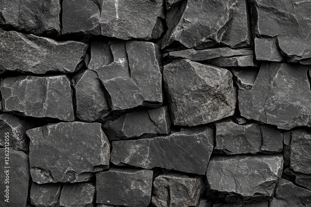Poster a stunning closeup view of a dark gray stone wall texture, showcasing irregular shapes and rough sur