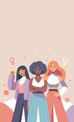 Equality day, women's day. Feminist women of different skin colors stand together in protest. Movements for gender equality and women's empowerment, illustration with place for text