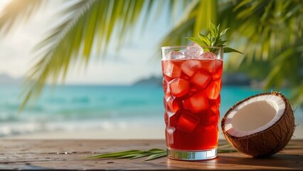 A glass of cold red syrup filled with ice cubes serve on a wooden surface alongside a half-coconut, bathed in the warm sunlight of a tropical beach setting.