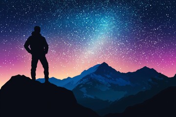 Bold figure on a mountain summit silhouetted against a vivid pink and purple galactic sky, symbolizing ambition, courage, and the infinite possibilities of the universe