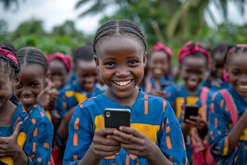 Schoolgirl shows her cellphone to friends, while other pupils engage in lively gaming sessions on their phones, capturing the modern and interactive side of, Generative AI