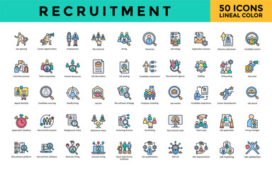 Recruitment icon set with job opening, career opportunities, employment, recruitment, hiring, vacancies, job listings, application process, resume submission icon. Simple lineal color vector 
