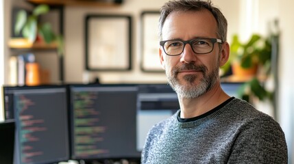 A thoughtful middle-aged male software professional poses in his cozy workspace, surrounded by technology and natural light. He embodies creativity and focus.