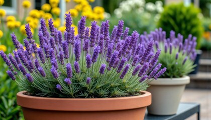 Fototapeta premium Beautiful lavender flowers in terracotta pots against a vibrant garden background