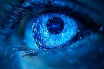 Extreme close-up of a blue eye with a galaxy-like pattern in the iris, creating a surreal and futuristic look