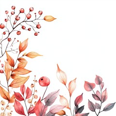 Fototapeta premium Romantic Autumn Leaves and Berries Watercolor Wedding Card Design